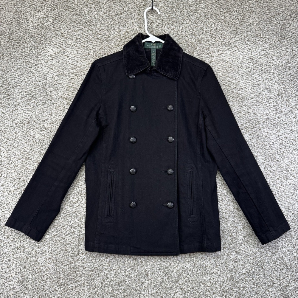 VTG Lauren Ralph Lauren Double Breasted Chore Coat Military Black Denim Womens 8